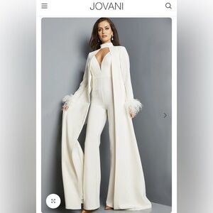 Jovani Cream Feather-Accent Jumpsuit